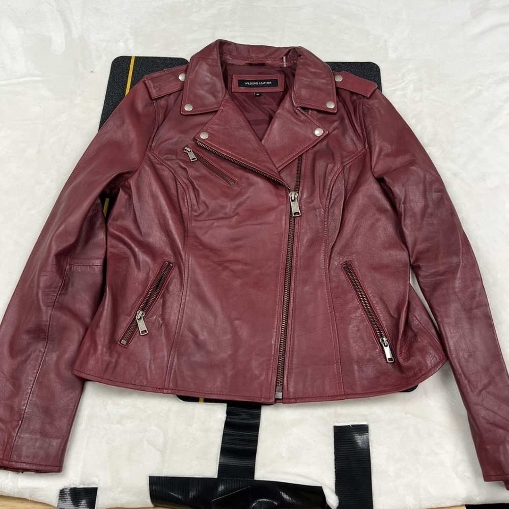 Wilsons Leather Moto Jacket Womens XL Burgundy Genuine Leather Asymmetric Zip